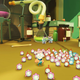 A young man with big eyes stands inside of a crowd of multicolored, tiny aliens.